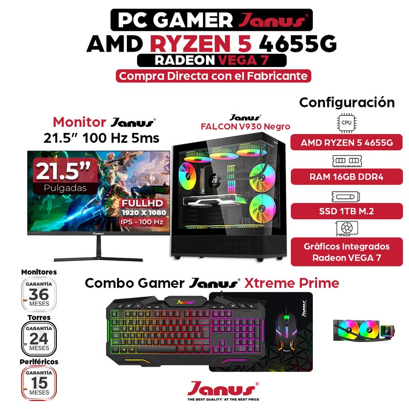JANUS - Computador Gamer Ryzen 5 4655G 16GB RGB RAM 1TB SSD MONITOR 22 Pulgadas 100Hz