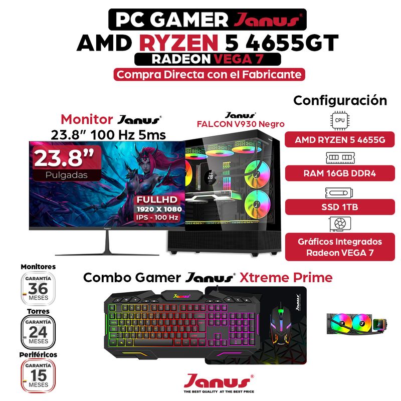 JANUS - Computador Gamer Ryzen 5 4655G RAM 16GB DDR4 SSD 1TB Monitor 24 Pulgadas 100Hz