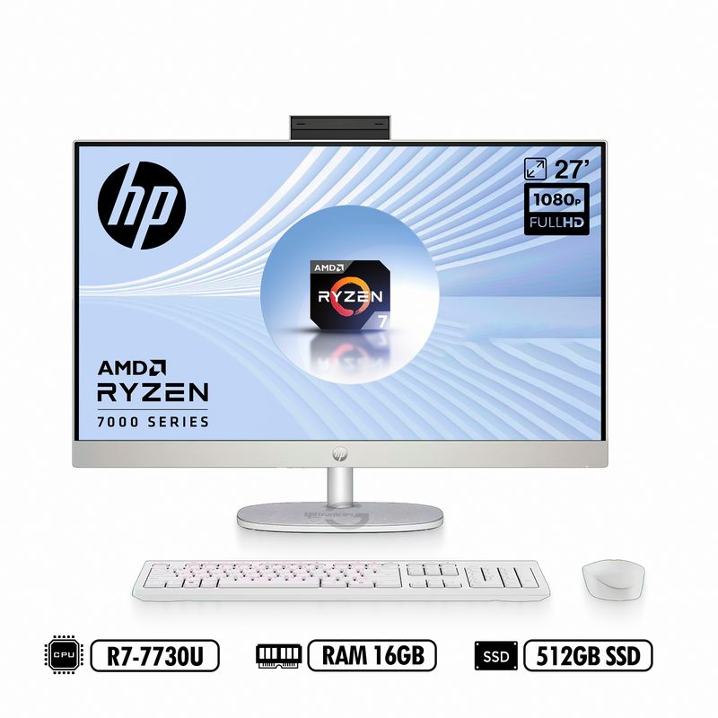 HP - AIO HP 27-cr0011la FHD IPS AMD Ryzen™ 7-7730U RAM 16GB DDR4 512GB SSD Blanco W11