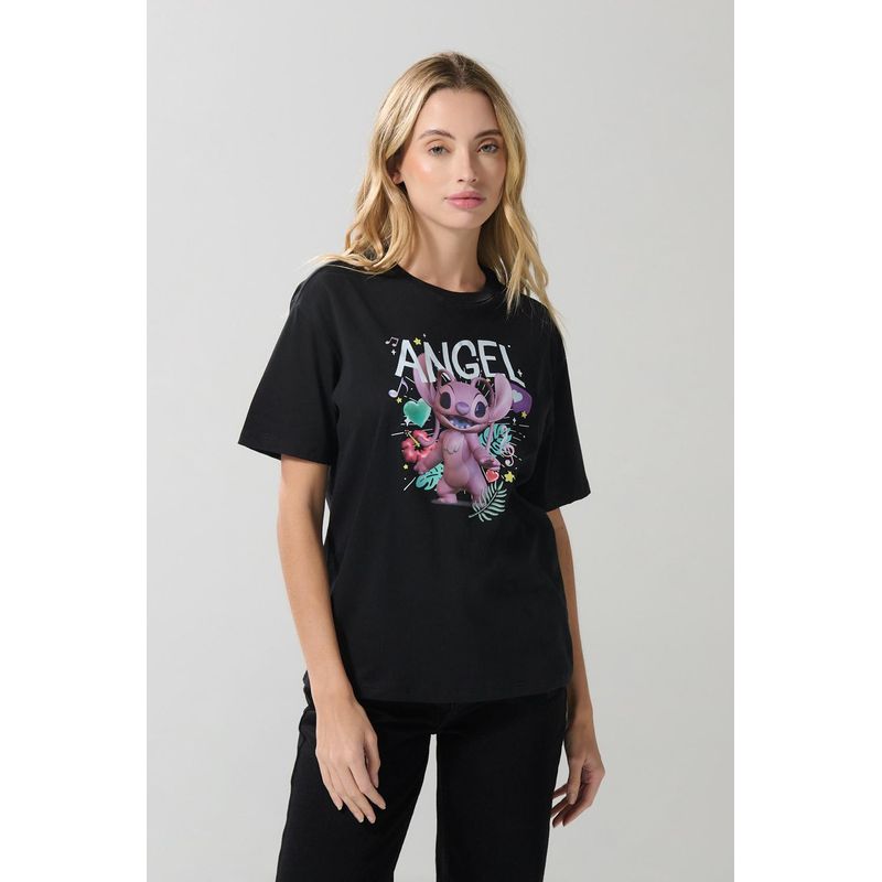 KOAJ - KOAJ Camiseta negra cuello redondo con diseño de Lilo & Stit Mujer