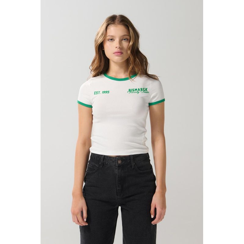 KOAJ - KOAJ Camiseta crema con diseño college, manga corta y contrast MUJER