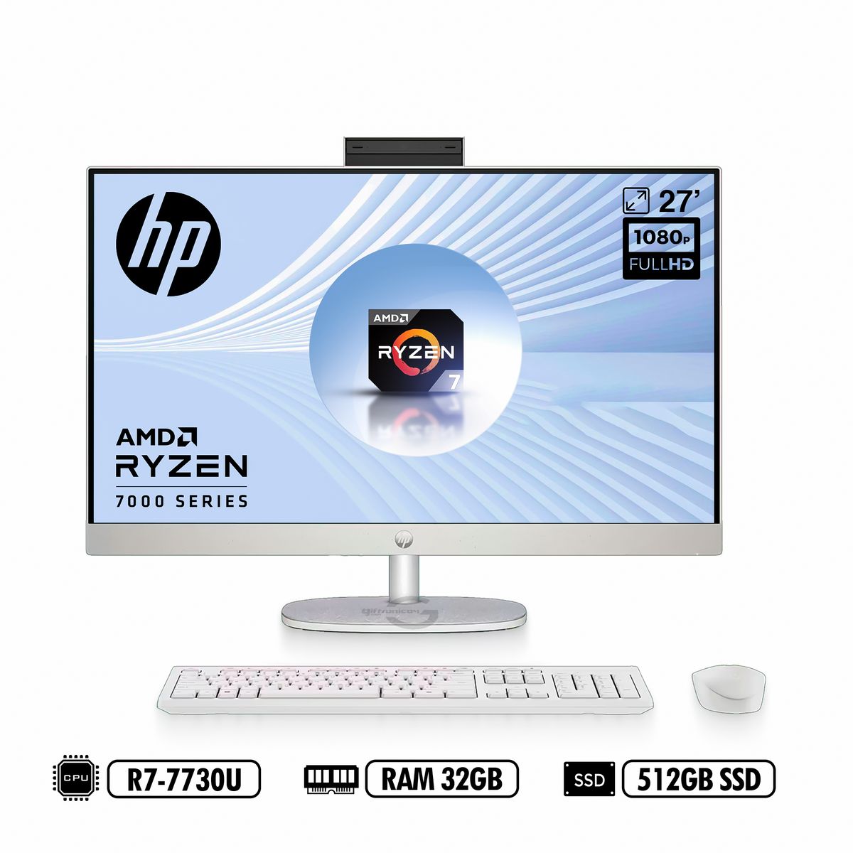 HP - AIO HP 27-cr0011la FHD IPS AMD Ryzen™ 7-7730U RAM 32GB DDR4 512GB SSD Blanco W11