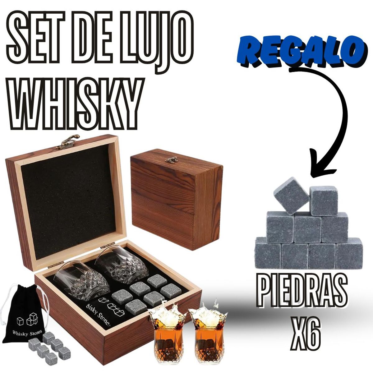 ORIGINAL HEALTH - SET WHISKY PARA BAR Y HOGAR + REGALO 6 PIEDRAS ADICIONALES