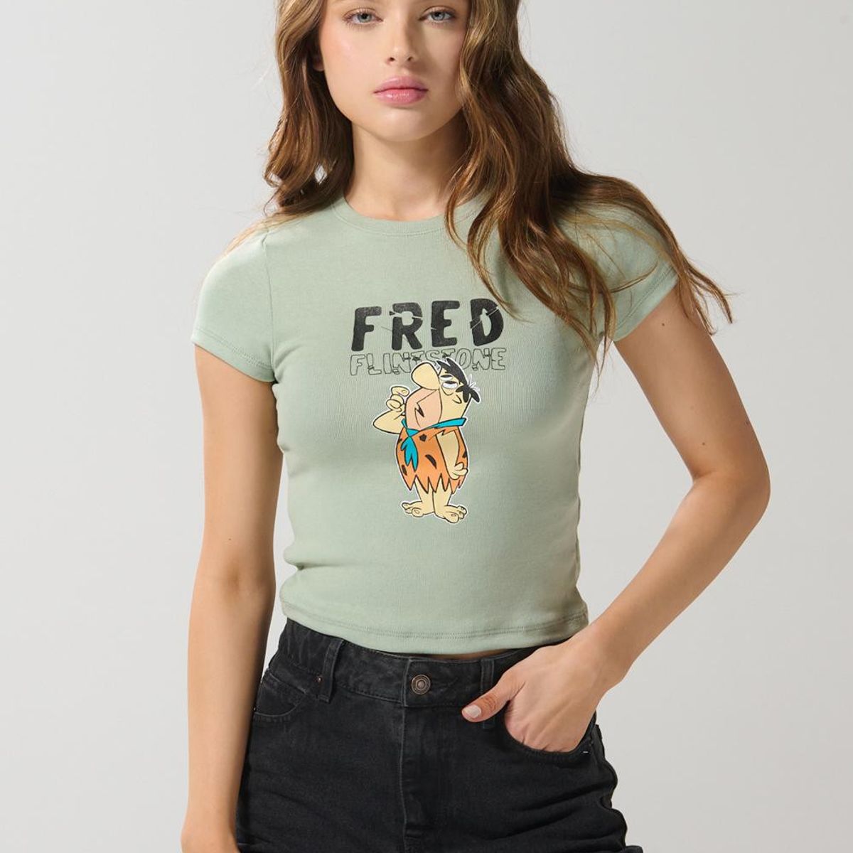 KOAJ - KOAJ Camiseta de Los Picapiedra en rib verde manga corta Mujer