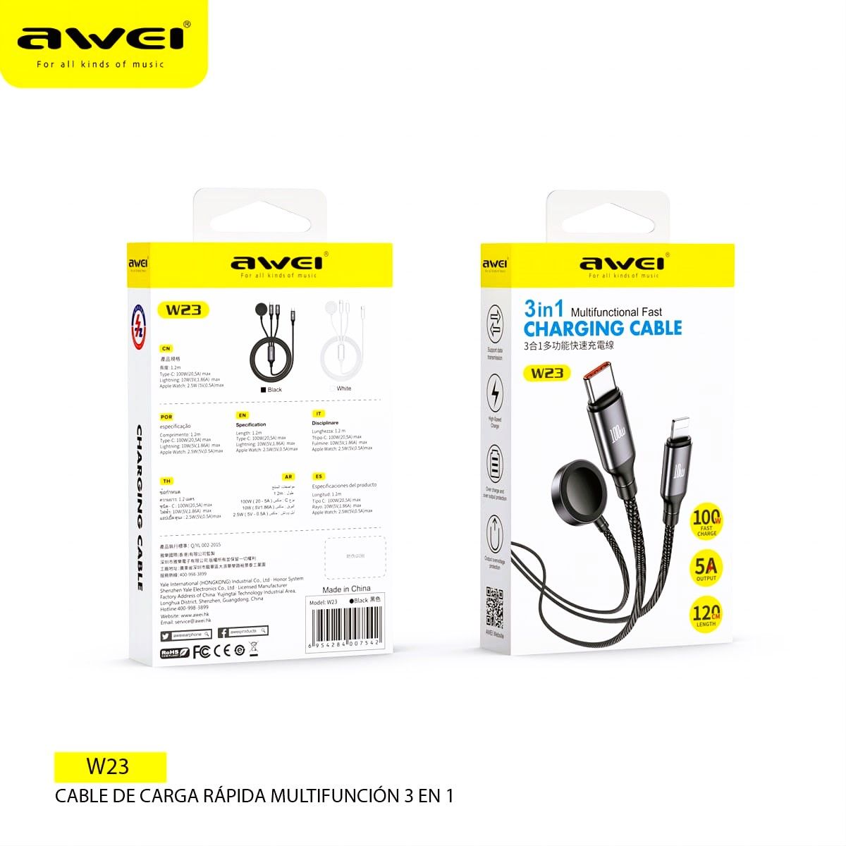 AWEI - Cable de carga rapida 3 en 1 W23