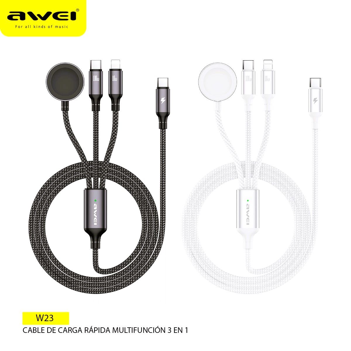 AWEI - Cable de carga rapida 3 en 1 W23