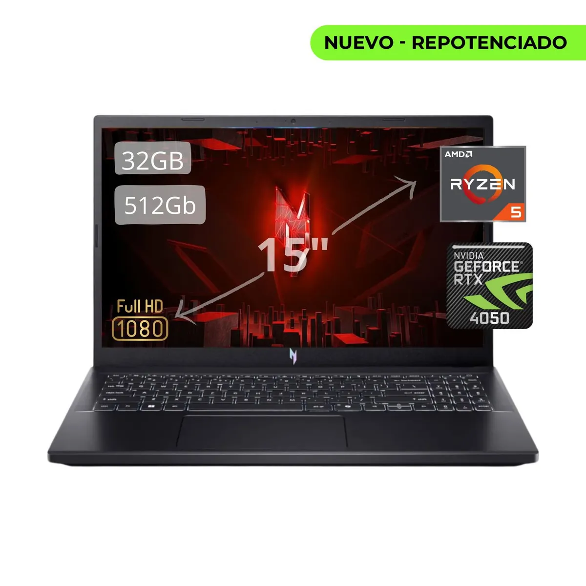 ACER - Portatil ACER Nitro V15 AMD Ryzen 5 7535HS 32gb RAM 512GB SSD Nvidia RTX 4050 6gb Pantalla 15,6 FHD 144HZ