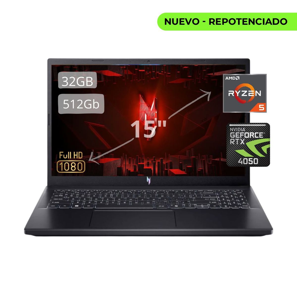 ACER - Portatil ACER Nitro V15 AMD Ryzen 5 7535HS 32gb RAM 512GB SSD Nvidia RTX 4050 6gb Pantalla 15,6 FHD 144HZ
