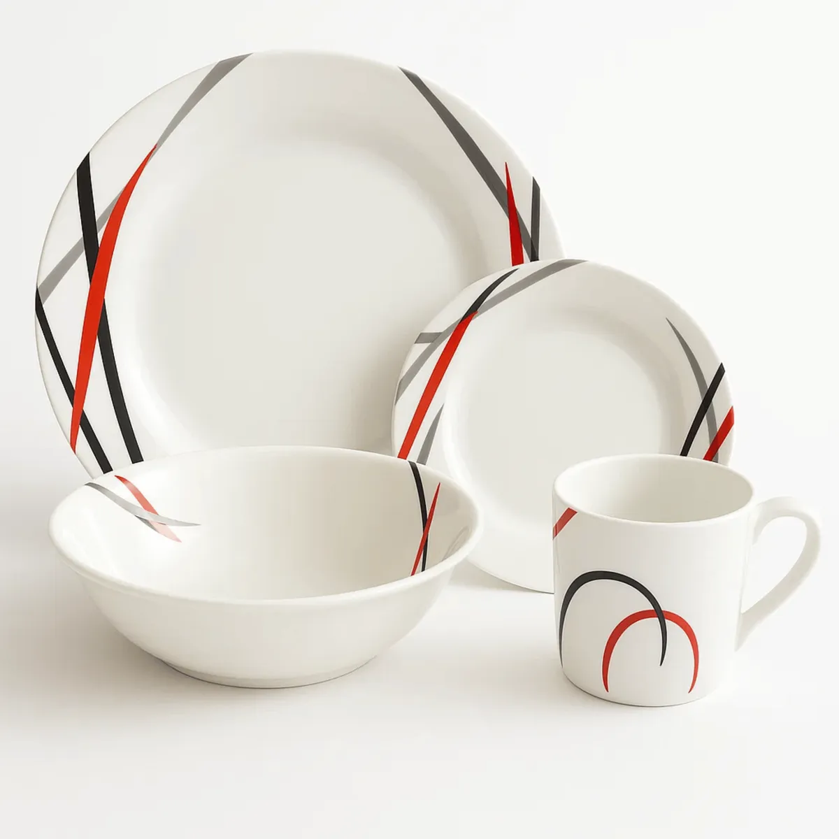 KITCHENWARE - Vajilla en Melamina Blanca Redonda con Líneas Rojas y Negras  16 Piezas