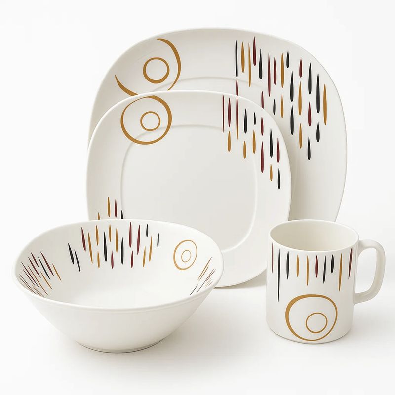 KITCHENWARE - Vajilla en Melamina con Líneas Café Borde Semi Cuadrado 16 Piezas