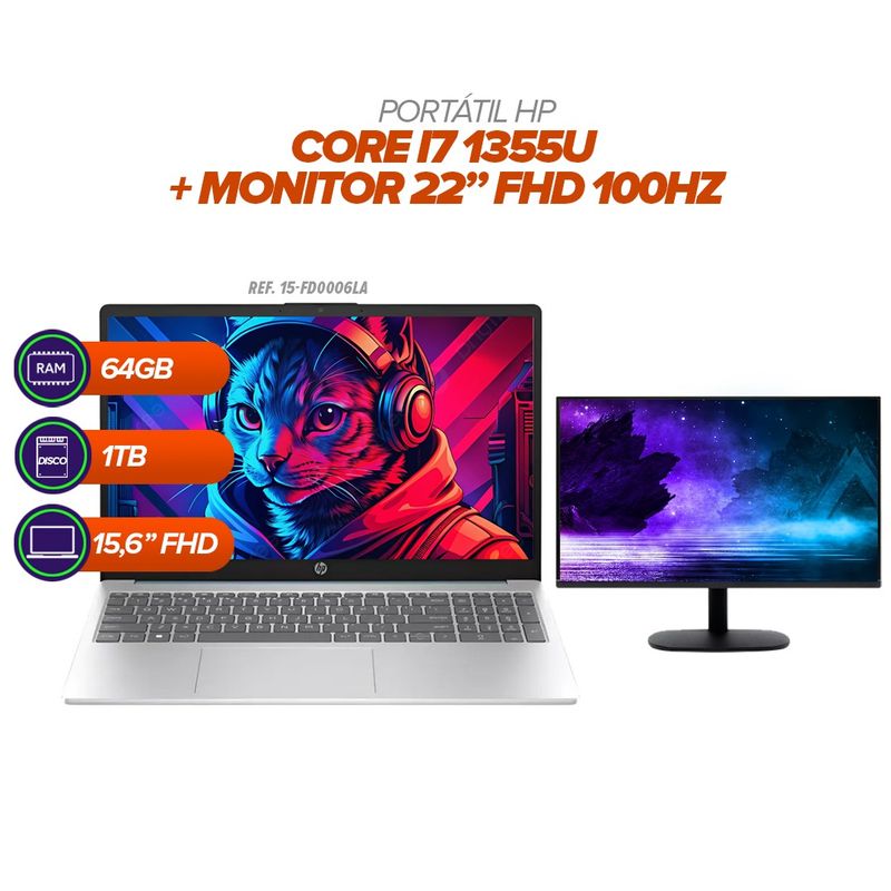 HEWLETT PACKARD - Portátil HP i7 1355U 64GB RAM 1TB SSD 156” FHD  Monitor 22” FHD 100Hz