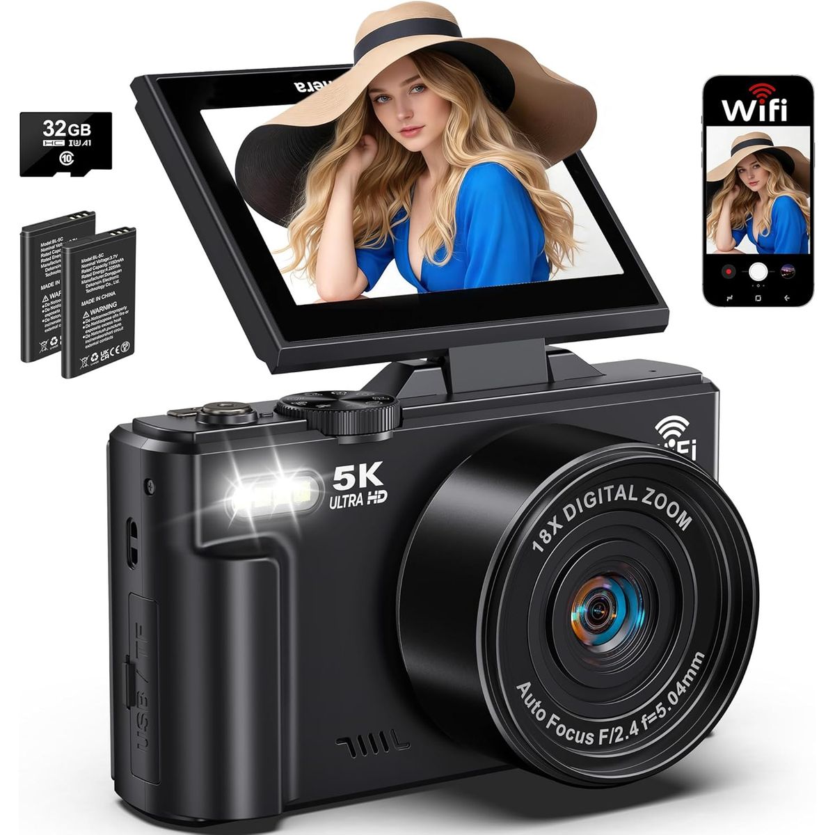 GENERICO - Cámara digital 5K 64MP zoom 18X  abatible de 3 pulgadas180°