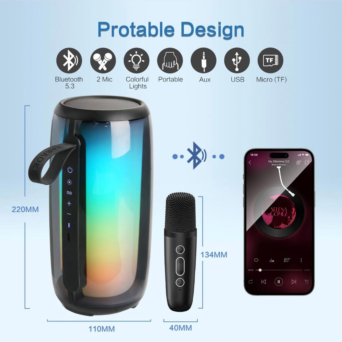 GENERICO - Parlante bluetooth portátil con luz rgb  + micrófono