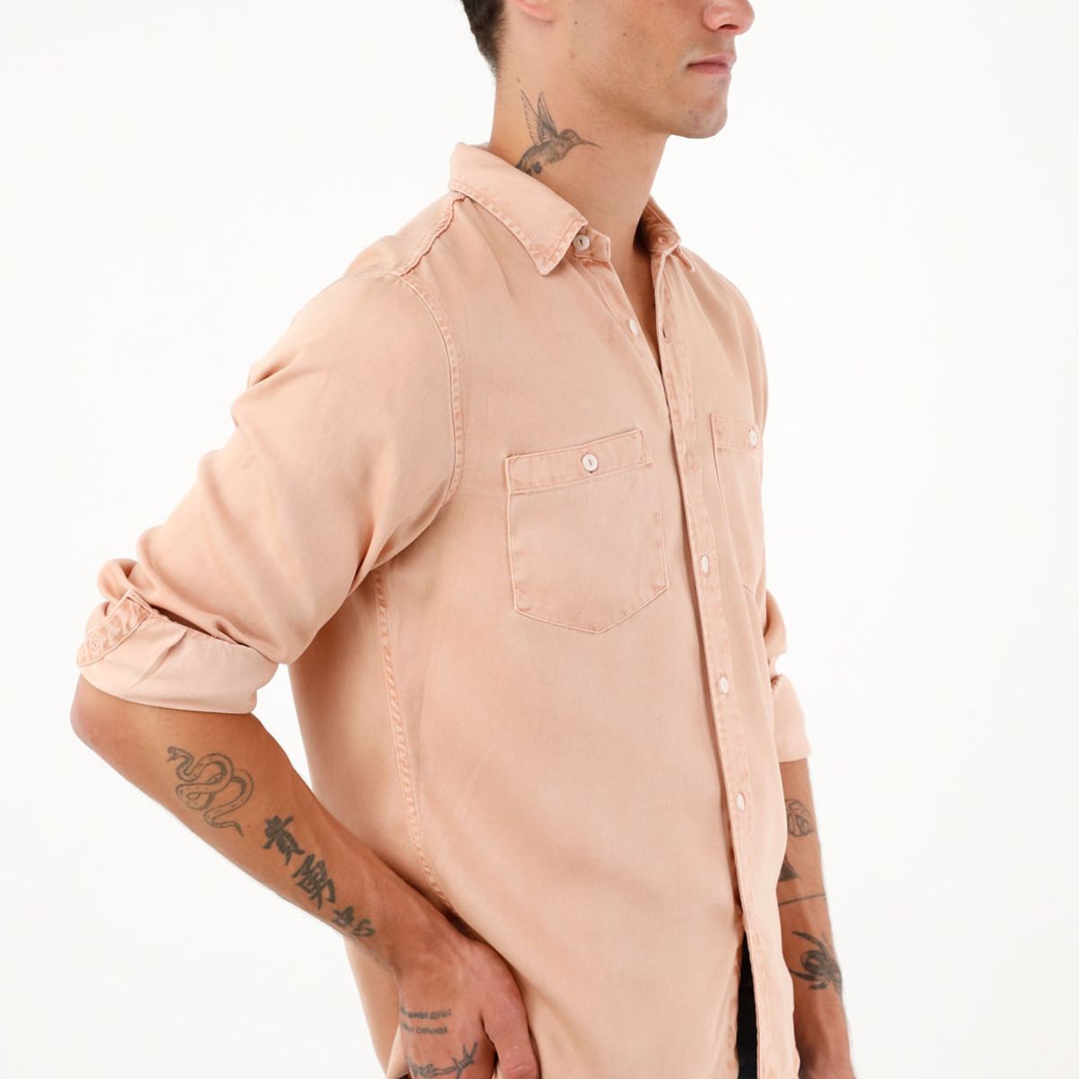 TENNIS - Camisa manga larga rosada con teñido overdye para hombre