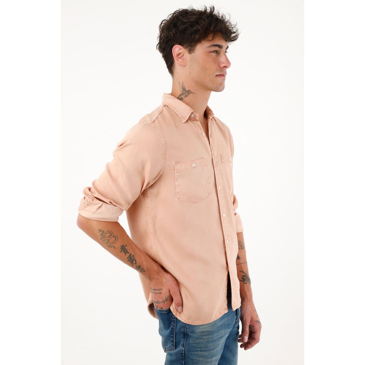TENNIS - Camisa manga larga rosada con teñido overdye para hombre