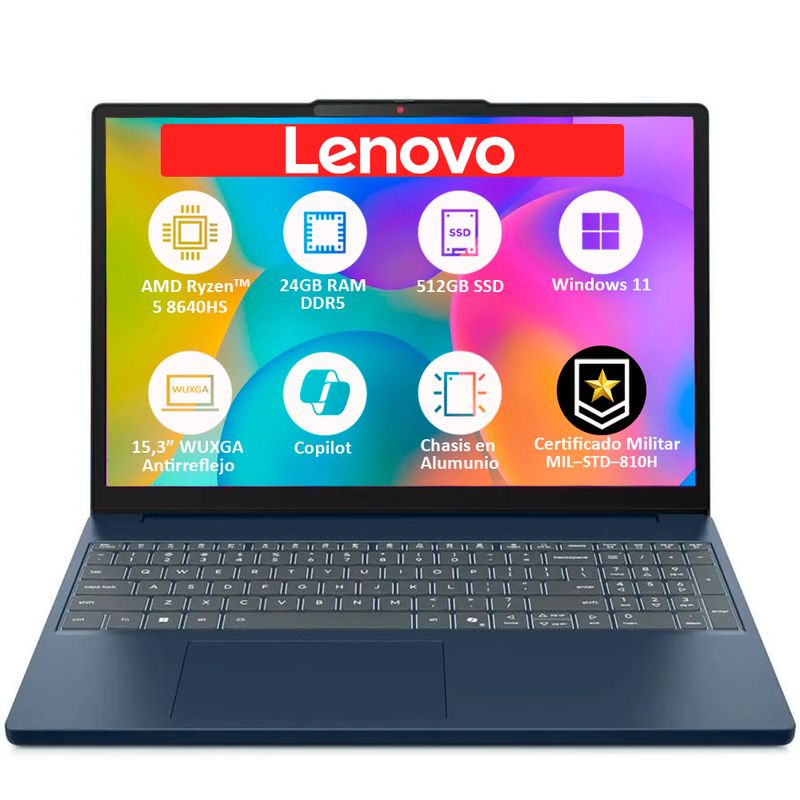 LENOVO - PORTATIL LENOVO SLIM AMD RYZEN 5‑8640HS SSD 512GB RAM 24GB DDR5 LED 15,3