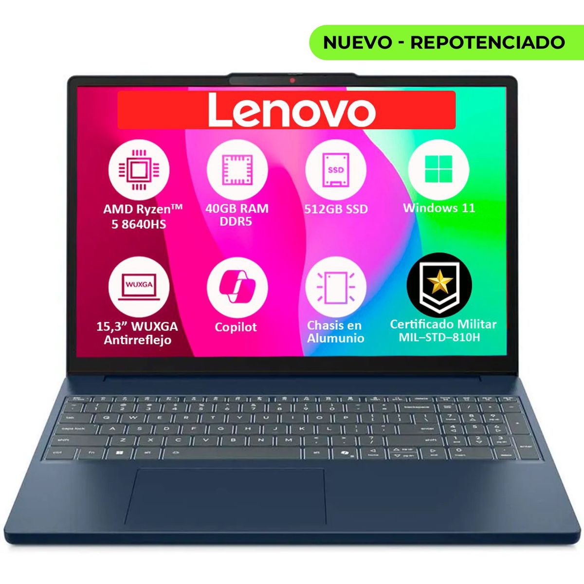 LENOVO - PORTATIL LENOVO SLIM AMD RYZEN 5‑8640HS SSD 512GB RAM 40GB DDR5 LED 15,3
