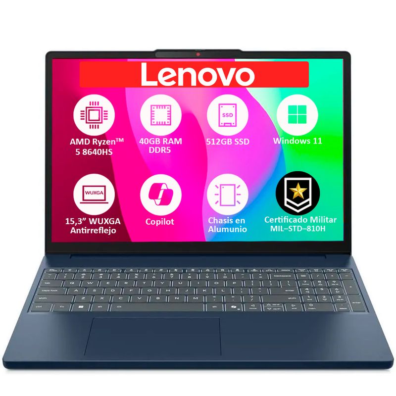 LENOVO - PORTATIL LENOVO SLIM AMD RYZEN 5‑8640HS SSD 512GB RAM 40GB DDR5 LED 15,3