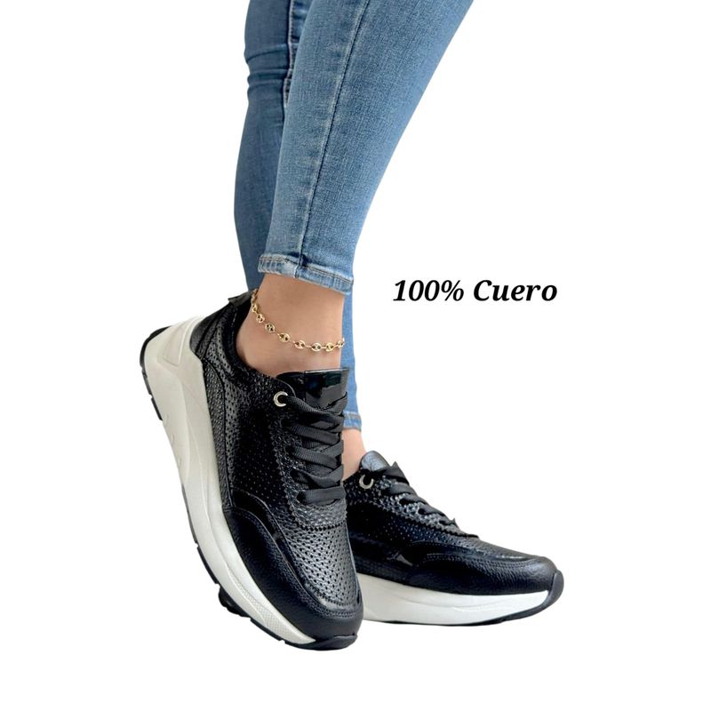 EVEGONZ - Tenis en Cuero Zapato Cómodo Negro Mujer