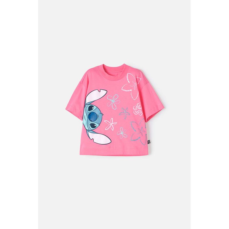 DISNEY - Camiseta de Stitch rosada manga corta para niña