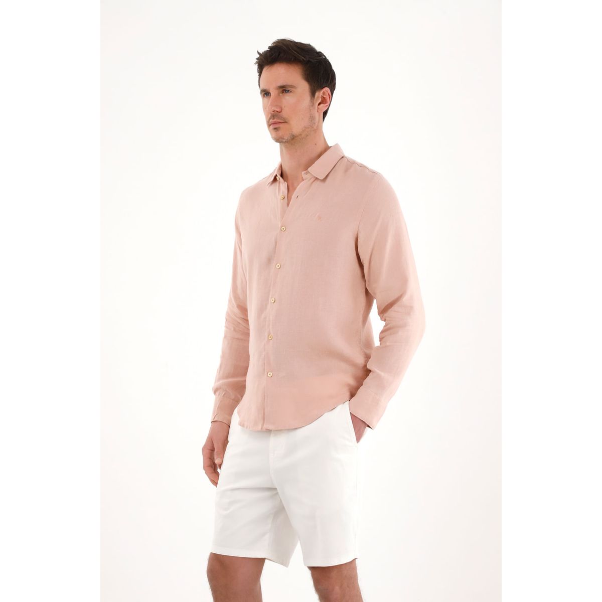 TENNIS - Camisa en 100% lino con bordado rosada para hombre