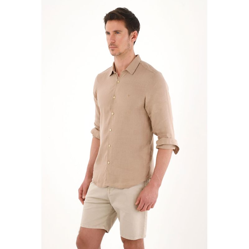 TENNIS - Camisa en 100% lino con bordado café para hombre