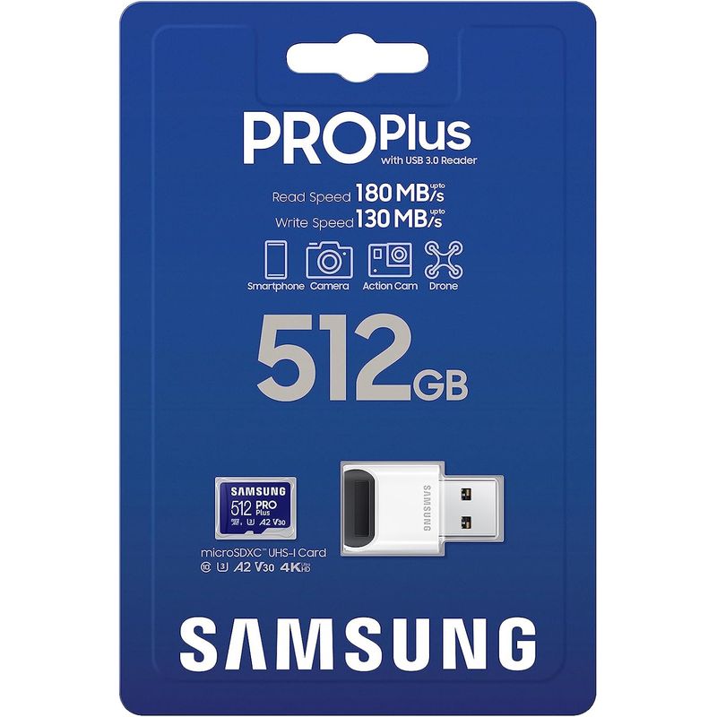 SAMSUNG - Tarjeta de Memoria Samsung PRO Plus 512 GB Hasta 180 MB/s + Lector USB