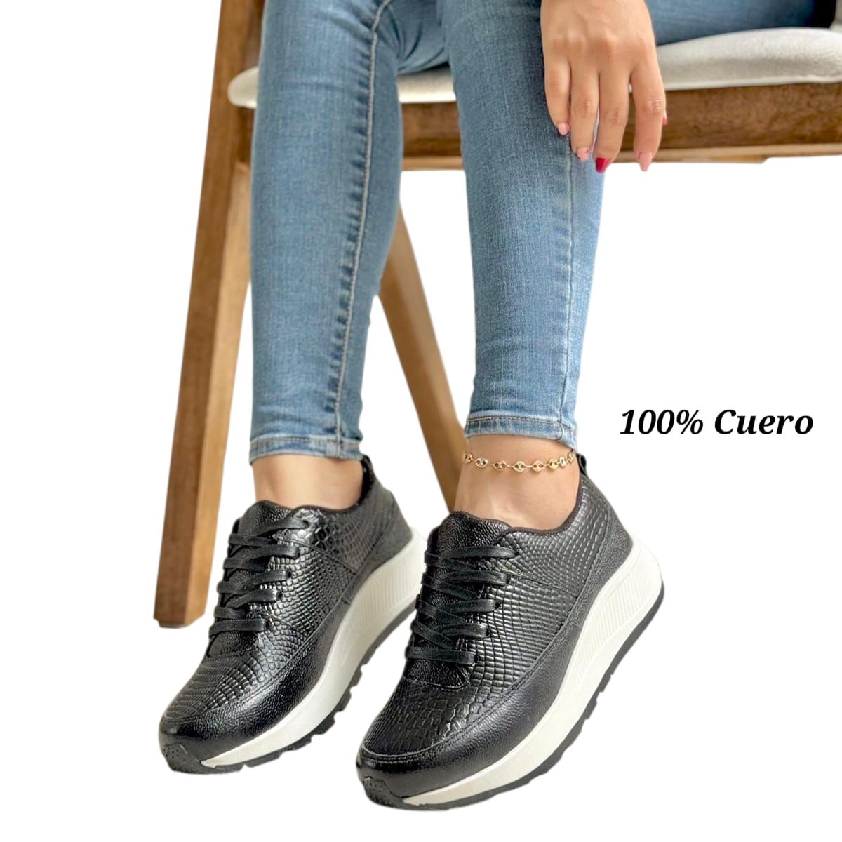 EVEGONZ - Tenis En Cuero Tenis Deportivo Negro Cómodo de Mujer