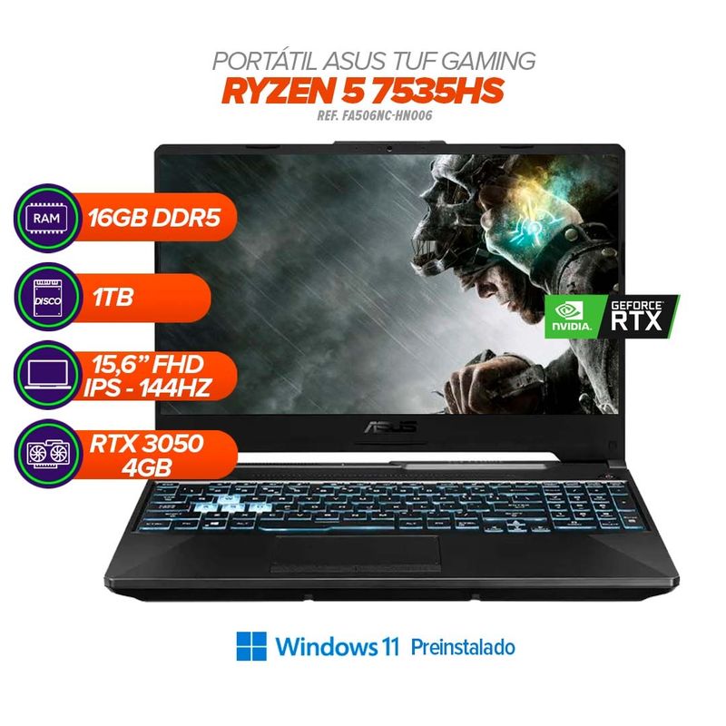 ASUS - PORTATIL ASUS GAMER RyzeN 5 7535HS / RAM 16GB DDR5 / 1TB M.2 SSD FHD NVIDIA® RTX 3050 4GB