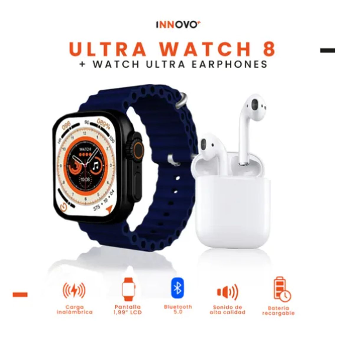 INNOVA - Smartwatch Serie 8 Max Con Audífono Mega Bass 2 Pulsos Azul Negro