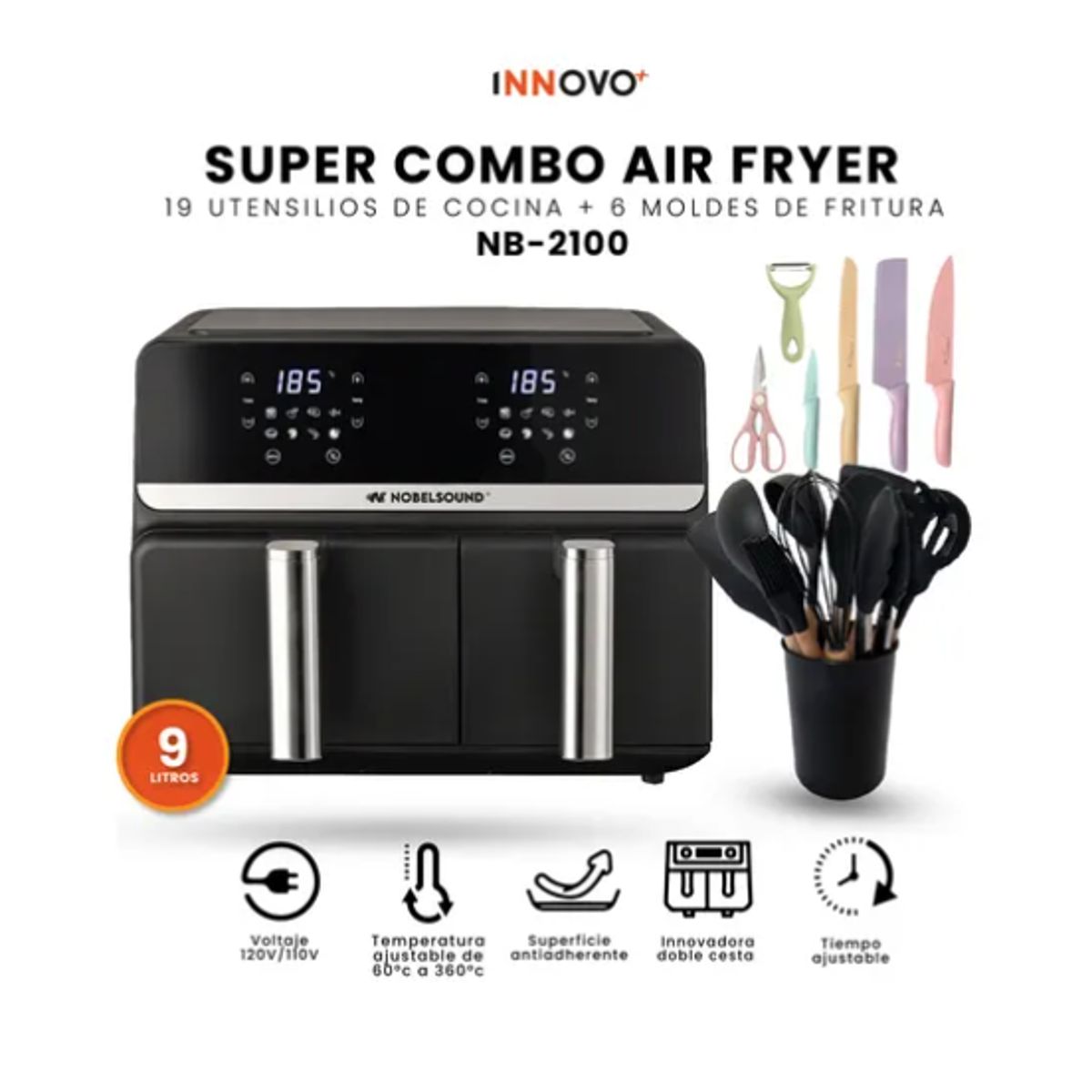 INNOVA - Freidora De Aire Nobelsound Air Fryer Doble Bandeja Con Utensilios