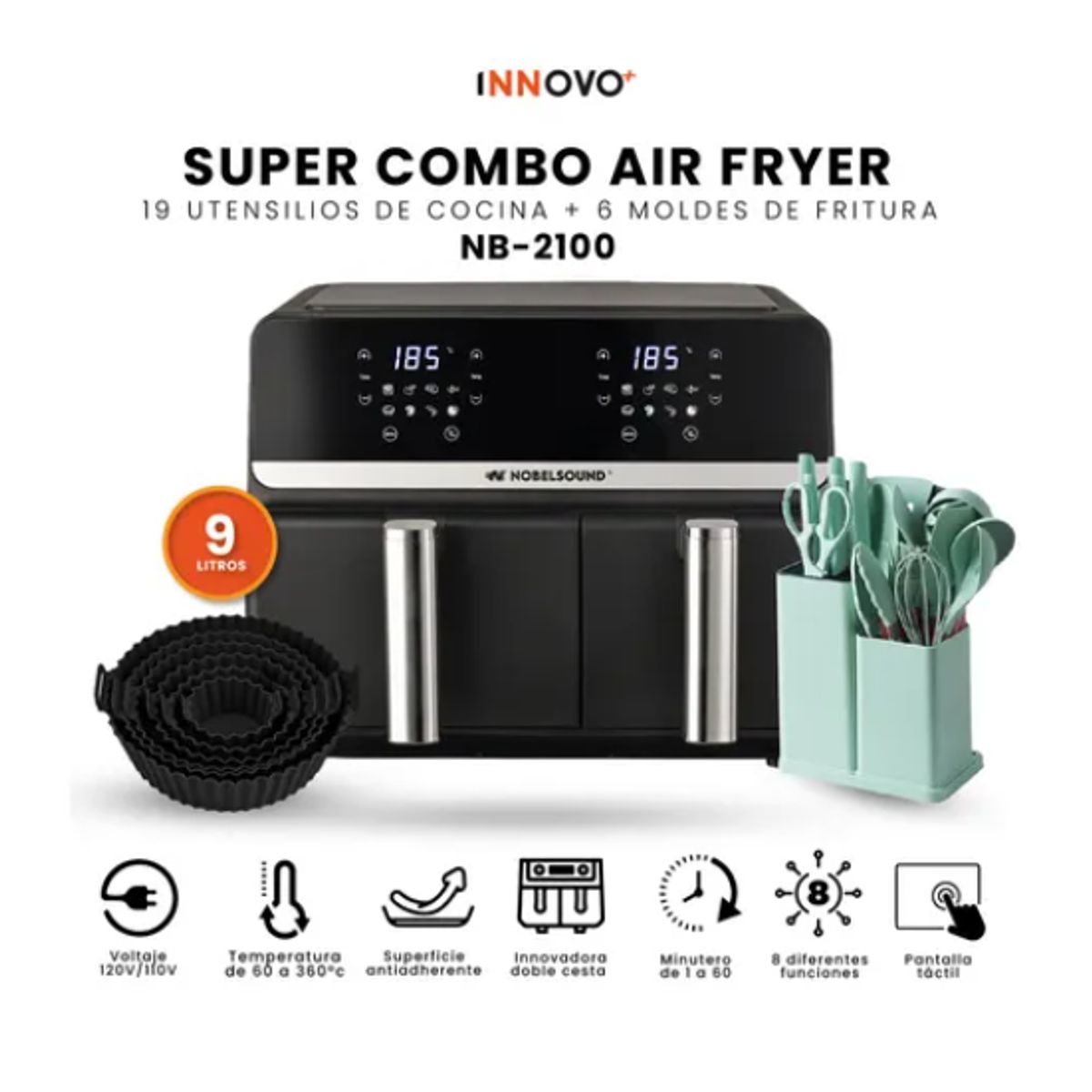 INNOVA - Freidora De Aire Nobelsound Air Fryer Doble Bandeja Accesorios