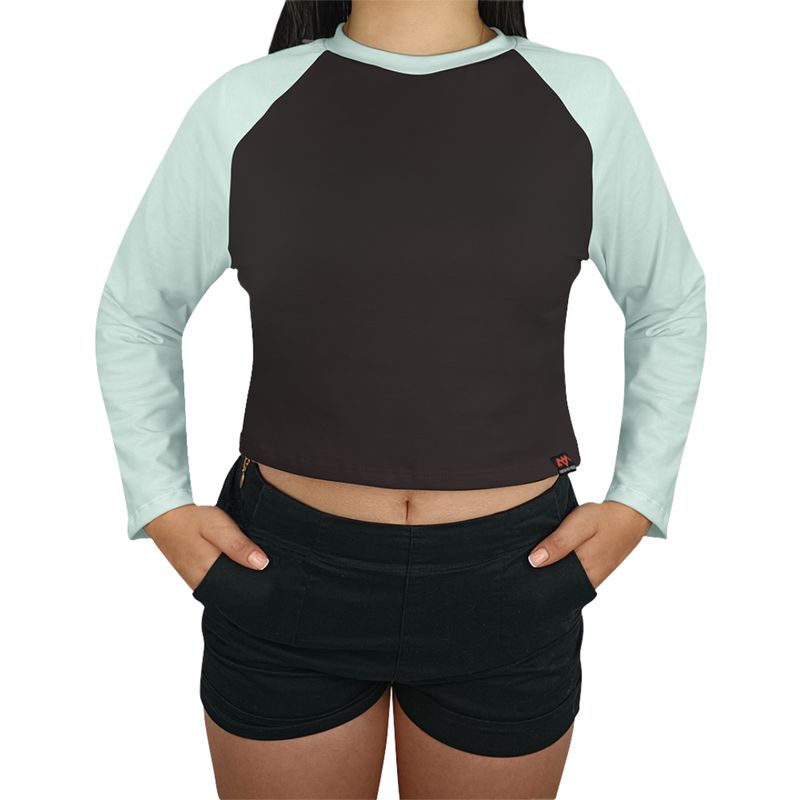 FUERA DEL MOLDE - Camiseta Crop Top Ranglan Manga Larga Premium Negro Verde Menta