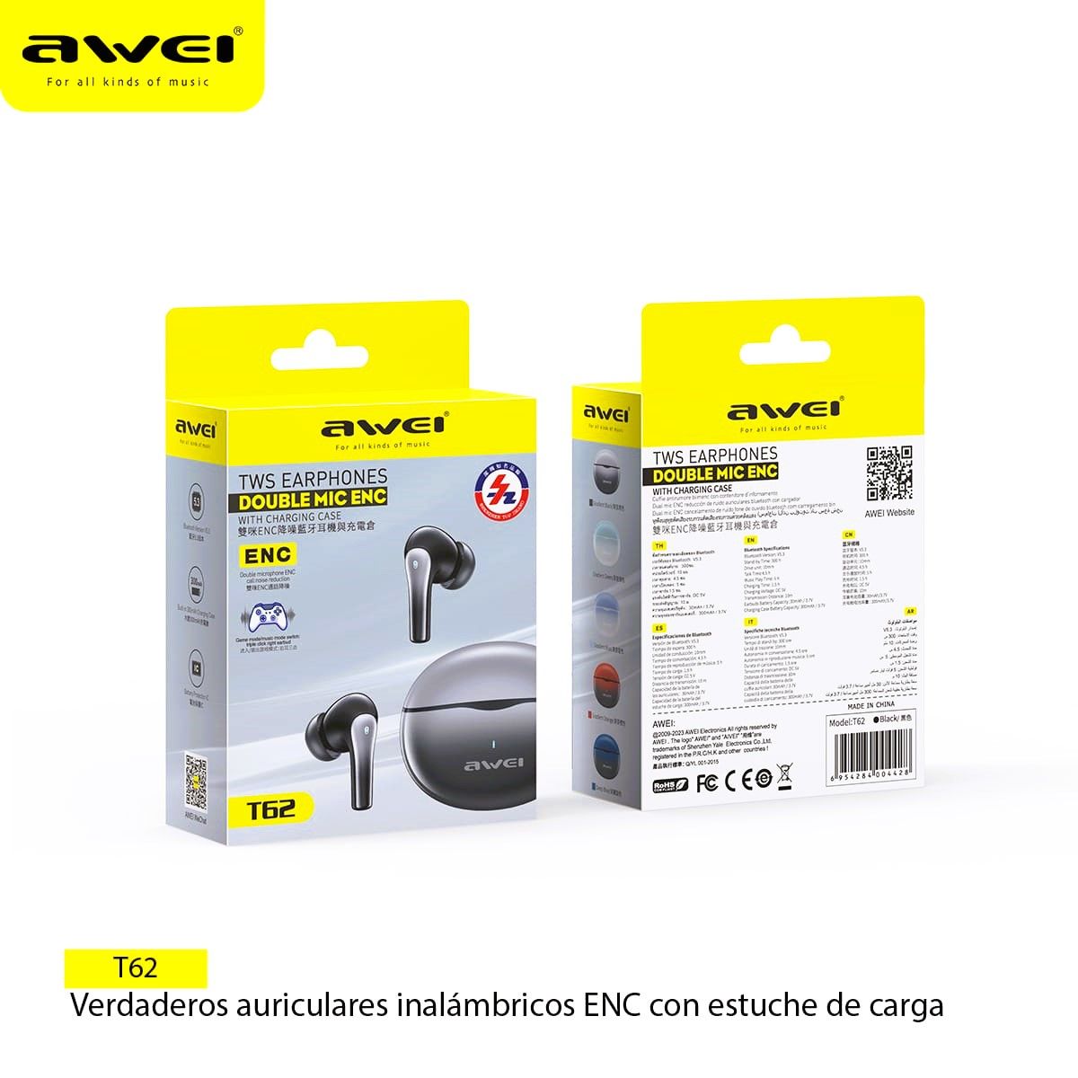 AWEI - Audifonos TWS Inalambricos T62 ENC Negro Cancelación Ruido IPX5