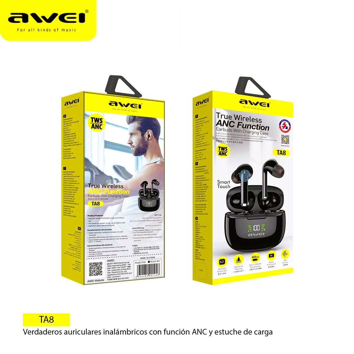 AWEI - Audifonos TWS Bluetooth TA8 Negro Con Cancelación Ruido IPX6