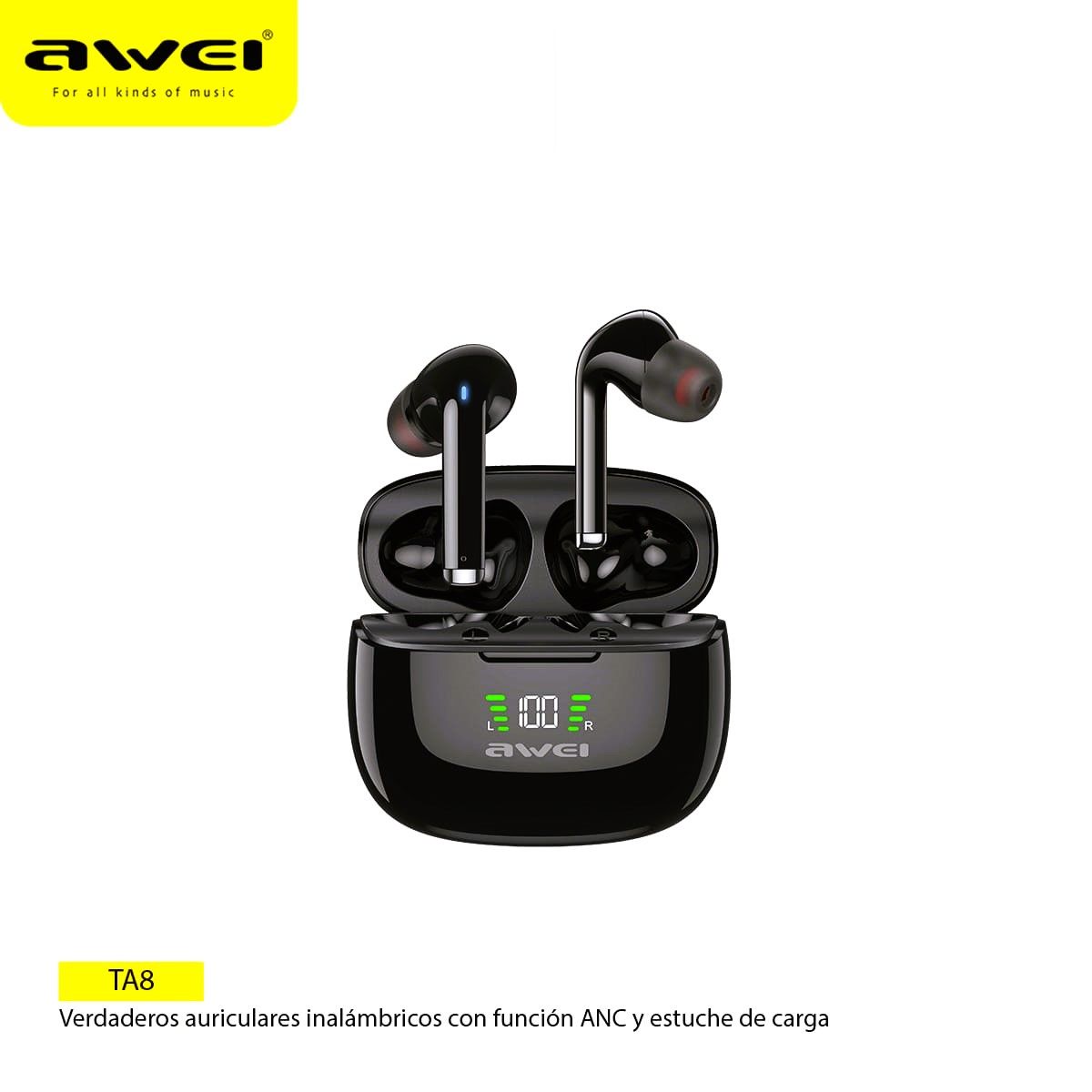 AWEI - Audifonos TWS Bluetooth TA8 Negro Con Cancelación Ruido IPX6