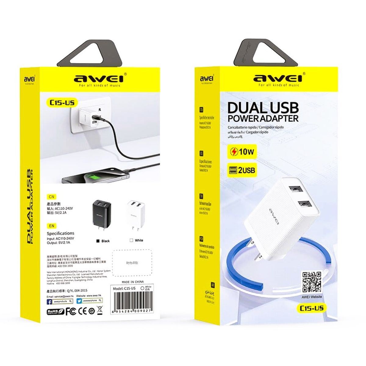 AWEI - Cargador Rapido dual Tipo A C15L- US Negro