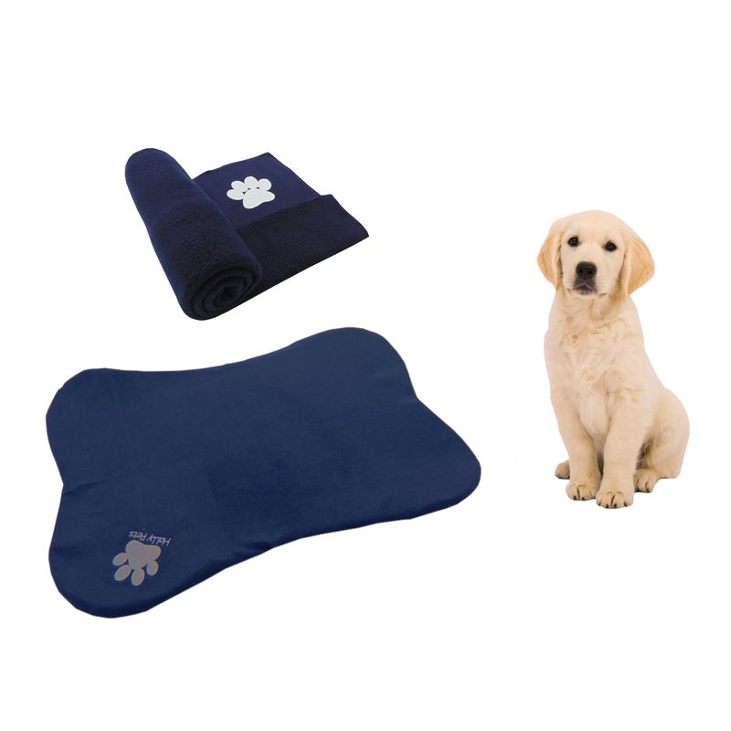 HALLY PET - Cama en forma de hueso + cobija mediana azul oscuro