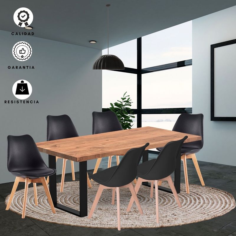 EKONOMODO COLOMBIA - Comedor Indika Macadamia 30mm blanco con 6 Sillas Milano 160x80x75 negro