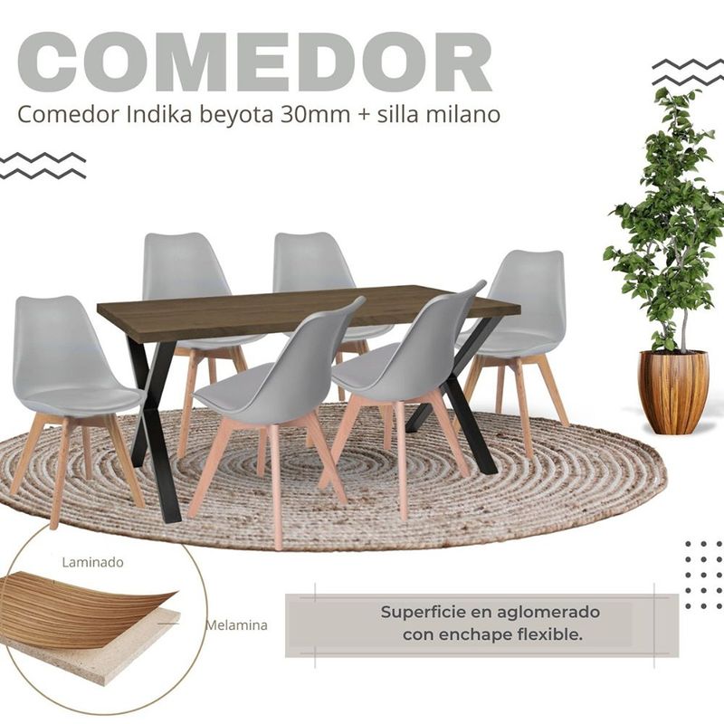 EKONOMODO COLOMBIA - Comedor Indika Beyota 30mm con 6 Sillas Milano 160x80x75 gris