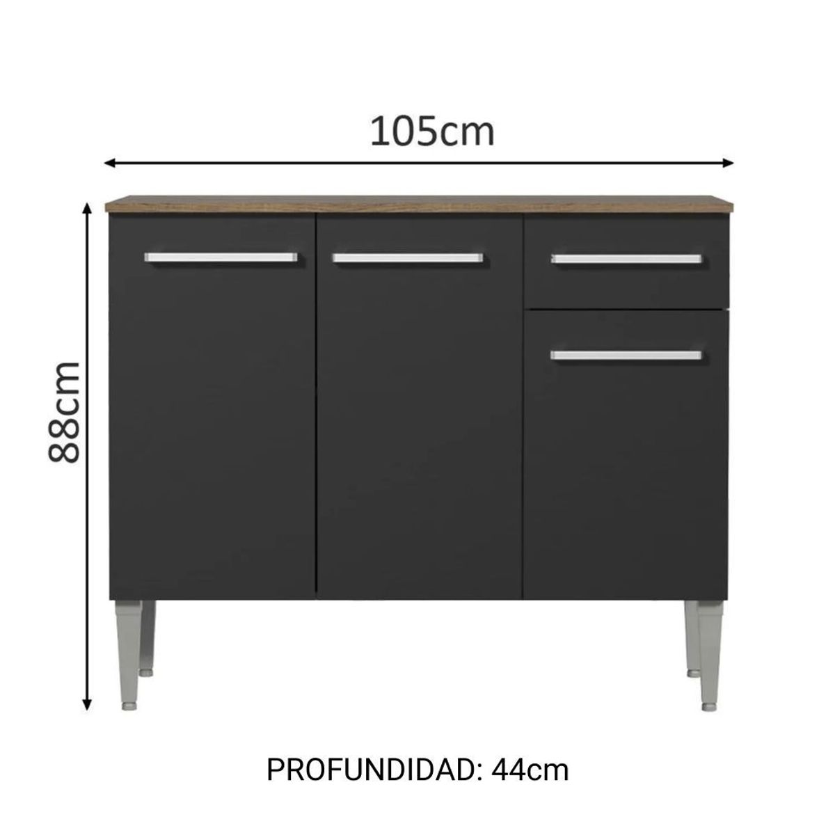 MADESA - Mueble de Cocina Emilly 1.05 m 3 Puertas 1 Cajón con Encimera de MDP Marrón/Negro