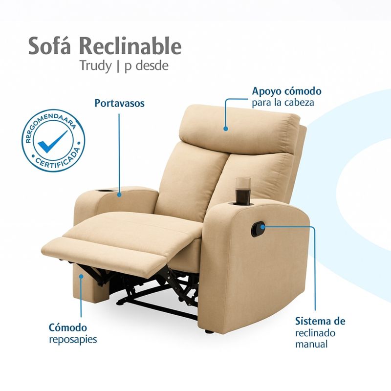 MUEBLES FIOTTI - Silla Reclinable 1 Puesto con portavasos Tela Beige Trudy