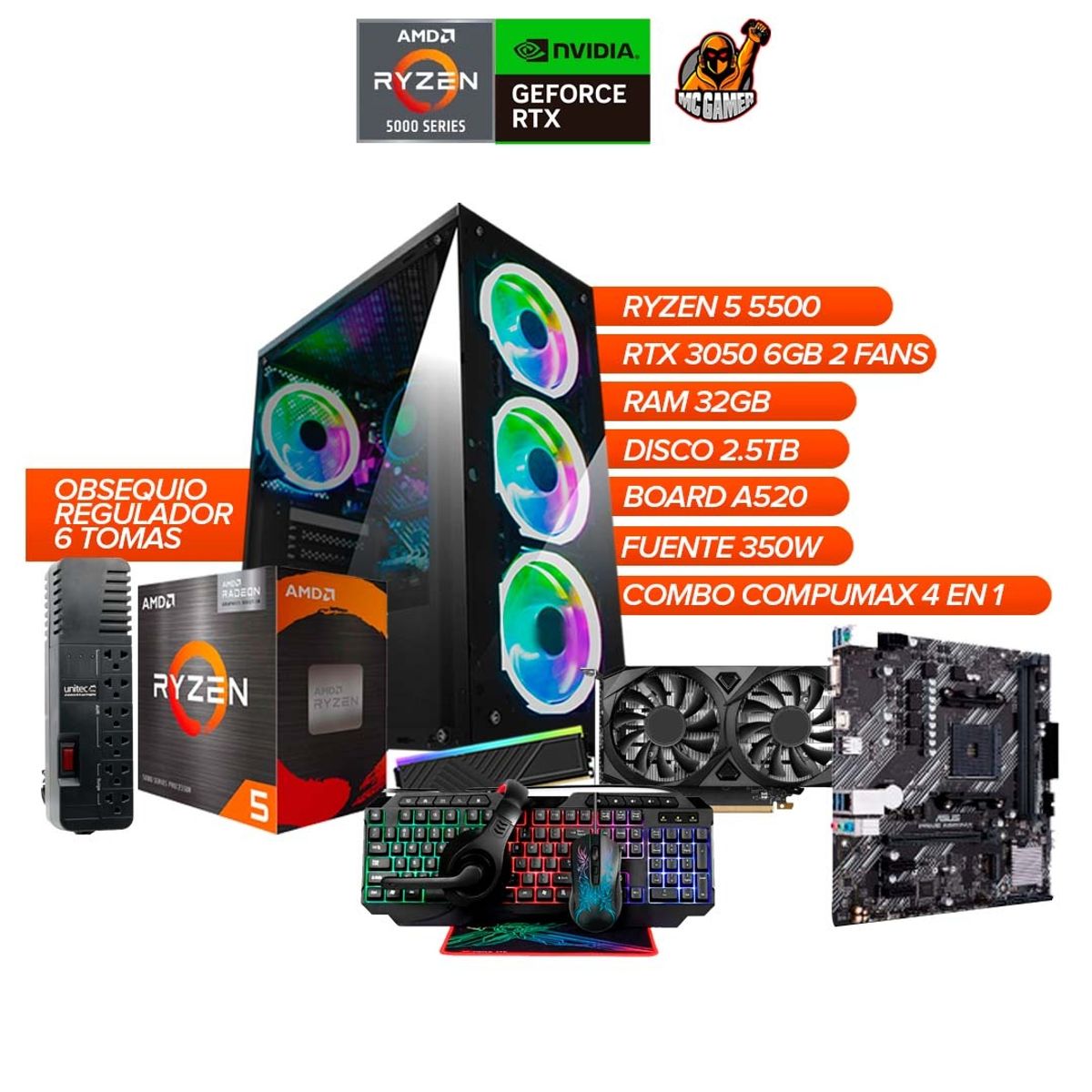 AMD - PC Gamer Ryzen 5 5500 RTX 3050 6GB 32GB RAM 2.5TB + OBSEQUIO Regulador 6 tomas