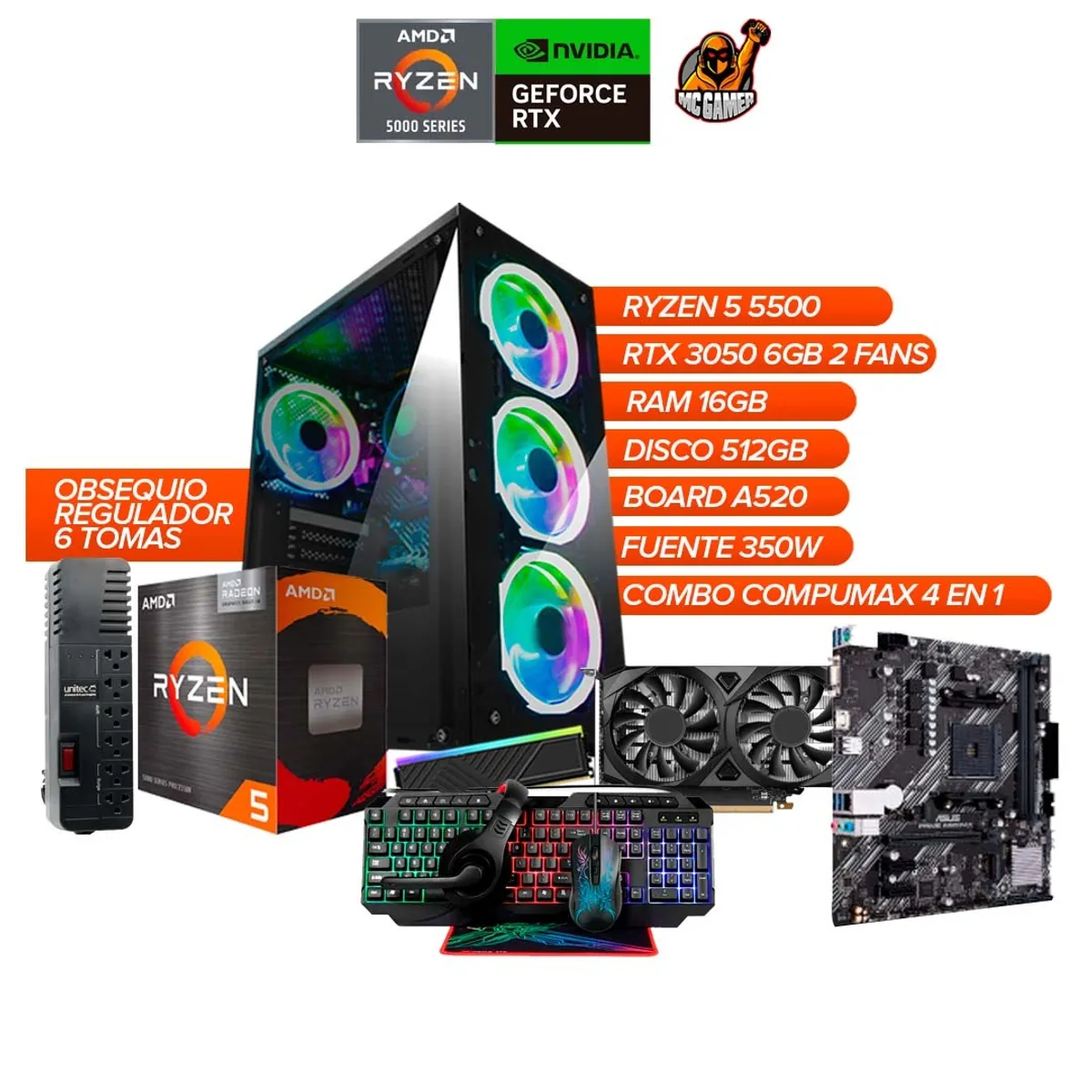 AMD - PC Gamer Ryzen 5 5500 RTX 3050 6GB 16GB RAM 512GB + OBSEQUIO Regulador 6 tomas
