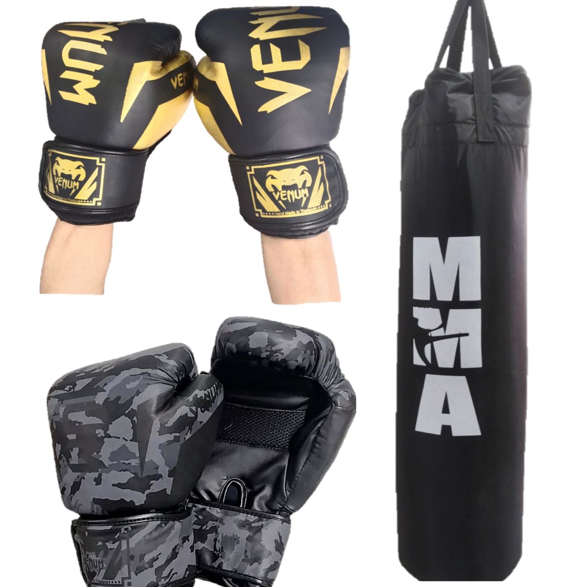 SIONFIT - SACO DE BOX 120CM + 2 PARES DE GUANTES PRO M negro