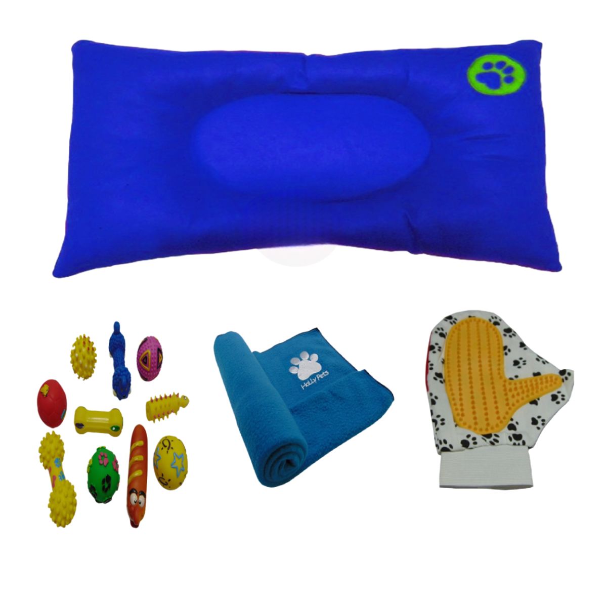 HALLY PET - Colchon Huella Bordada Pequeño Mas Cobija Mediana Mas Juguete Guante Azul Claro