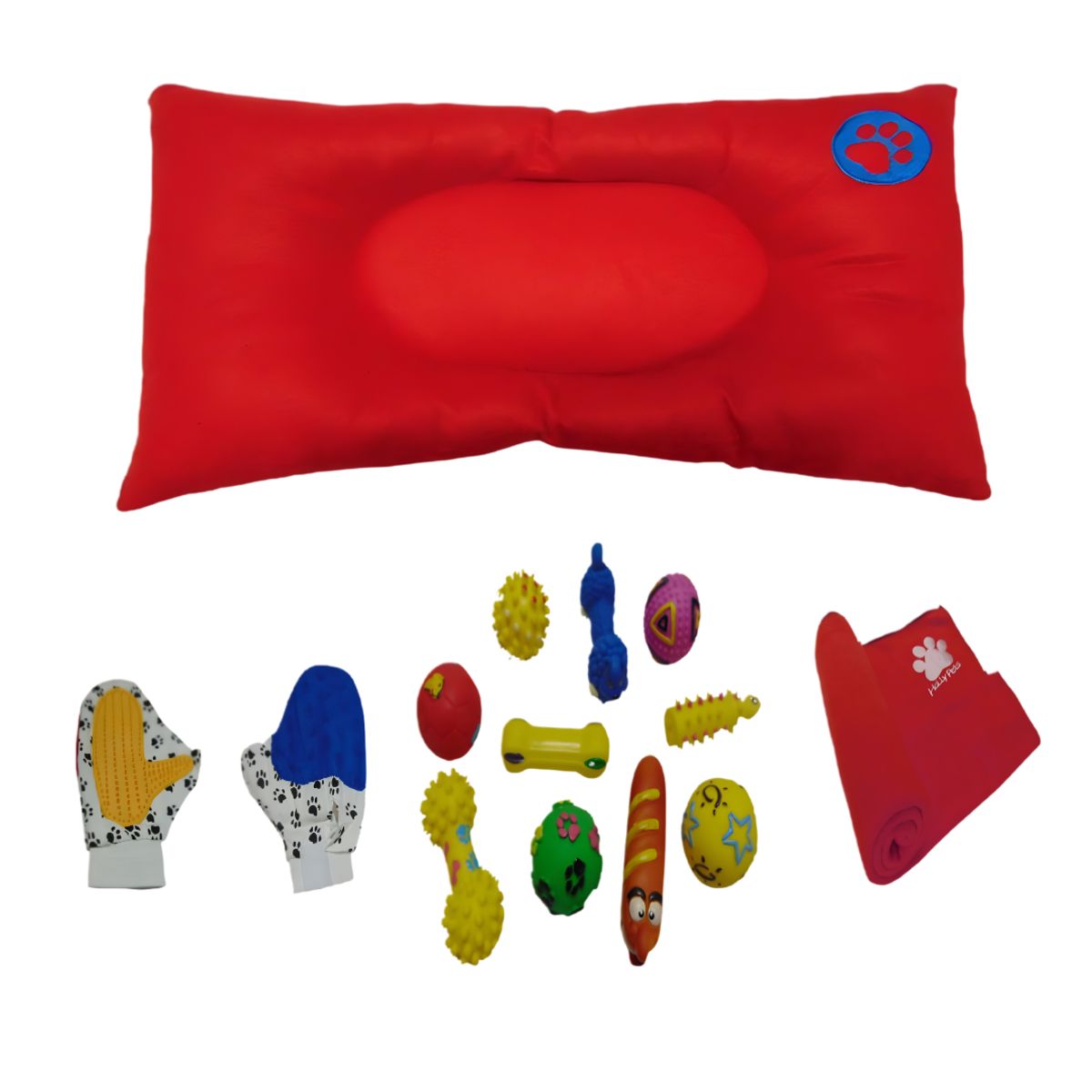 HALLY PET - Colchon Huella Bordada Pequeño Mas Cobija Mediana Mas Juguete Mas Guante Rojo