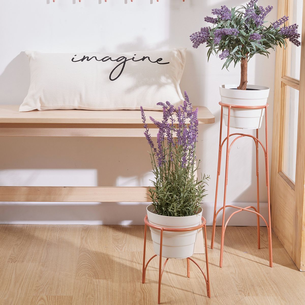 REJIPLAS - Soporte piso arco alto con matera plastificado Golden Rouse