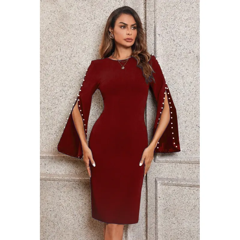 NEGRELI - Vestido Negro Elegante con Mangas Abiertas y Perlas