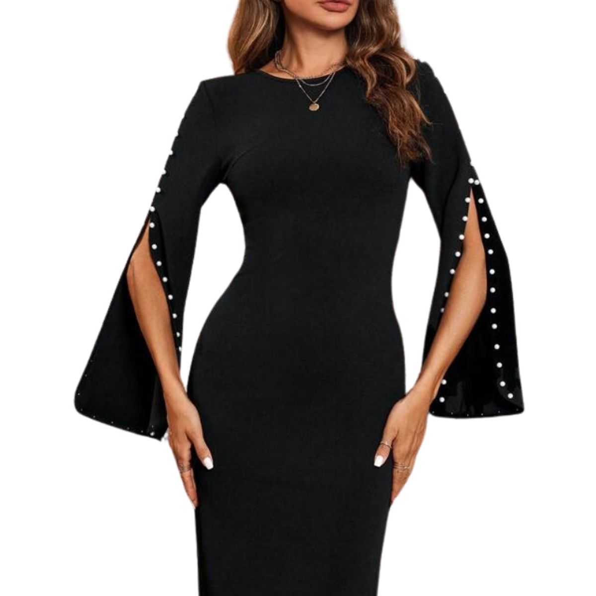NEGRELI - Vestido Negro Elegante con Mangas Abiertas y Perlas